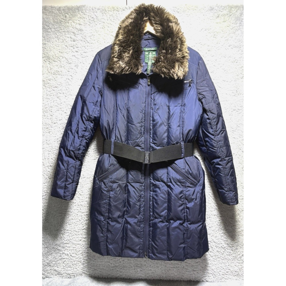 Lauren Ralph Lauren Womens M Down Puffer Coat Navy Belted Faux Fur Hood Parka